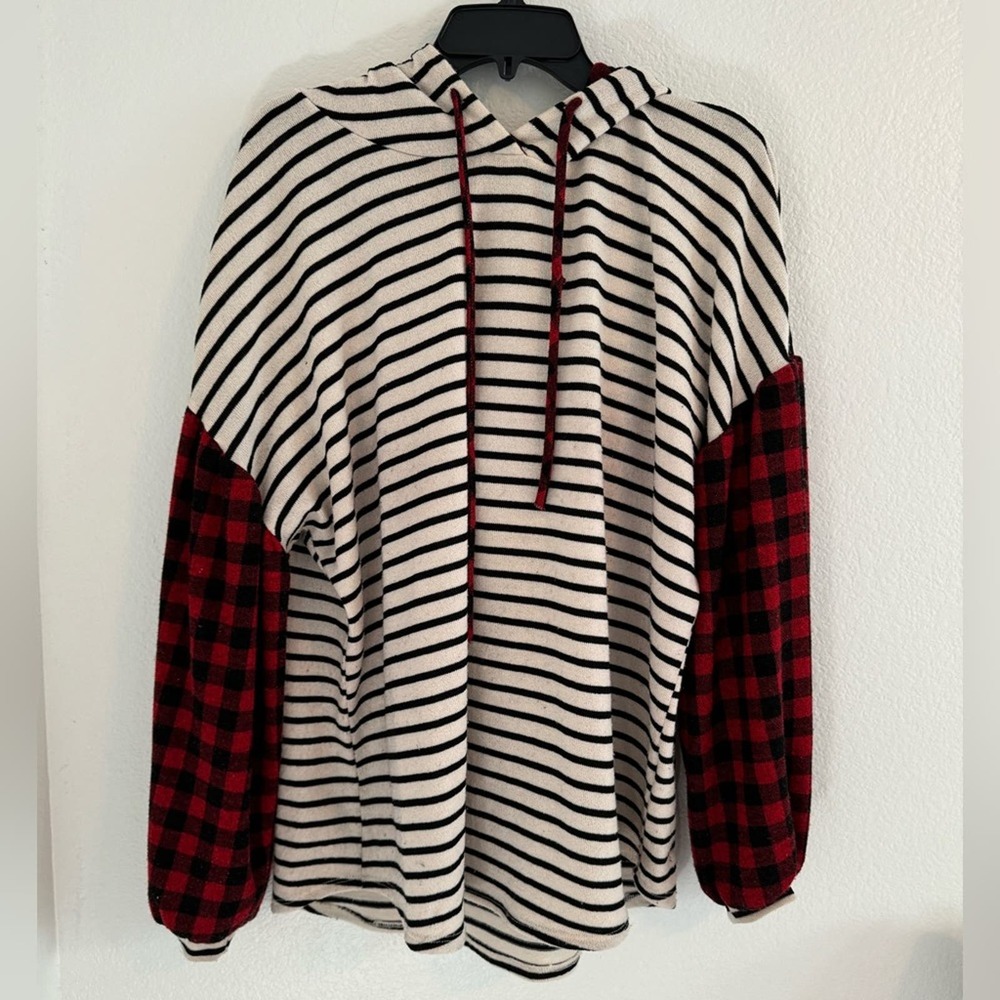 12 Pm By Mon Ami Black & Cream Striped Hoodie with Red Buffalo Plaid Sleeves